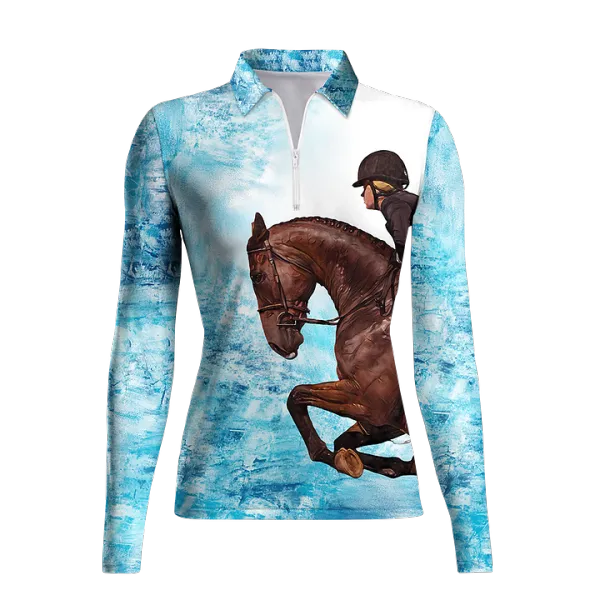 Women's Riding Style Horse Jumping Print Long Sleeve Casual Lapel Shirt