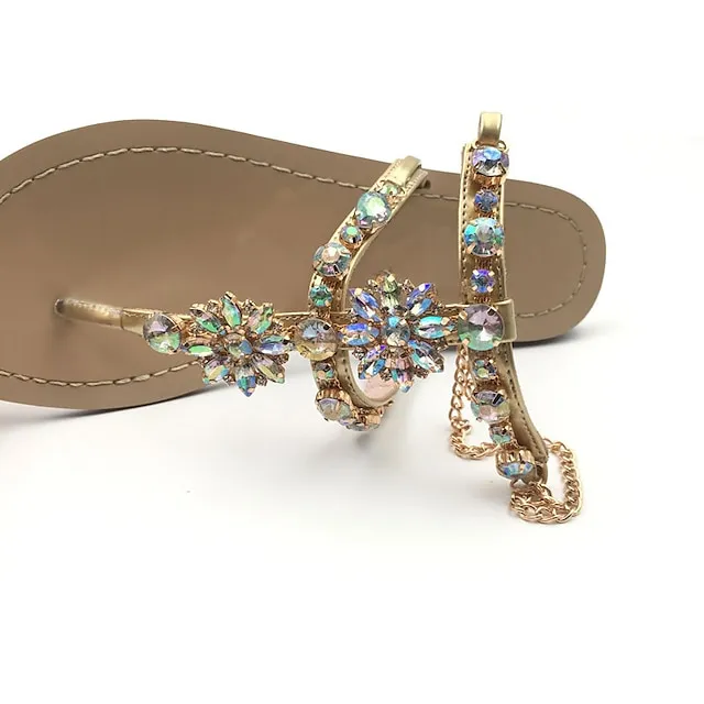 Women's Sandals Flat Sandals Sparkly Sandals Daily Beach Sparkling Glitter Flat Heel Open Toe Elegant Casual Minimalism Faux Leather Lace-up Gold