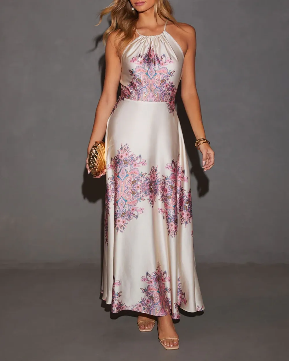 Satin Halter Printed Maxi Dress