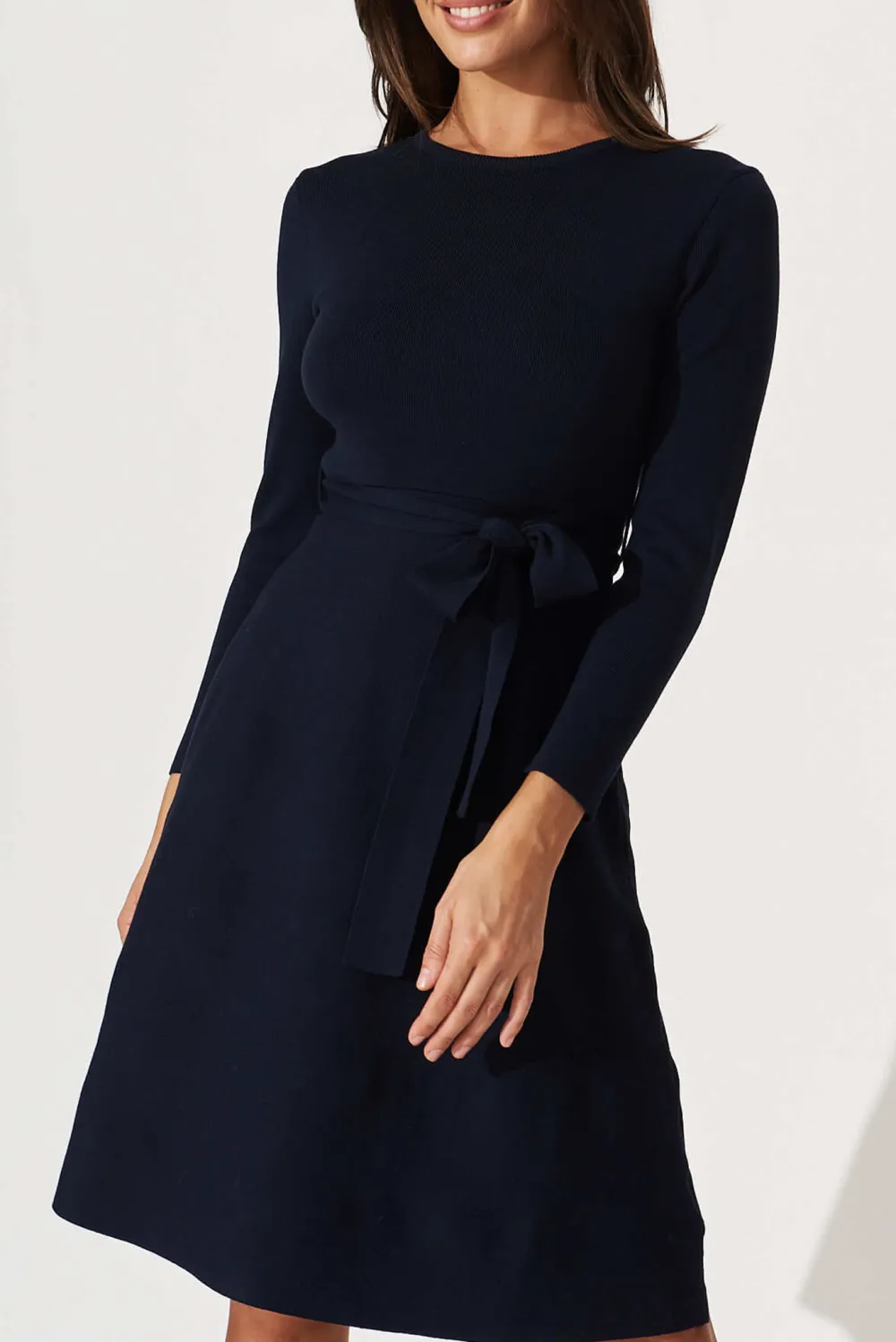 Navy Blue Belted Knitted Dress