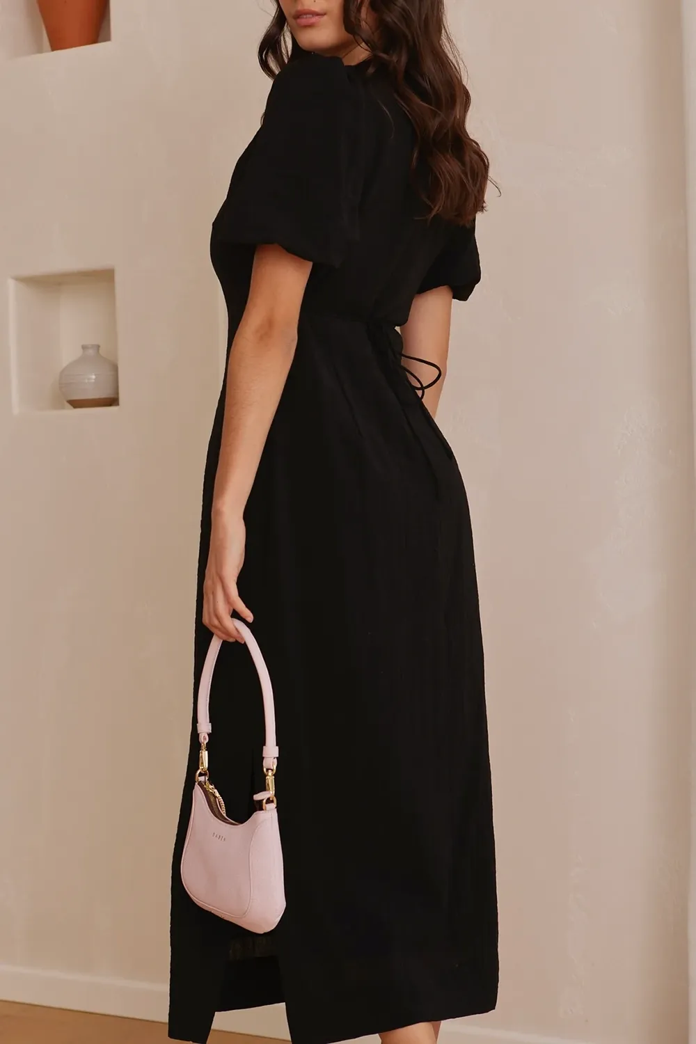 Puff Sleeve Tie Midi Dress