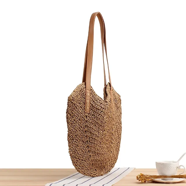 Women's Tote Crossbody Bag Straw Daily Going out Solid Color Dark Brown Beige