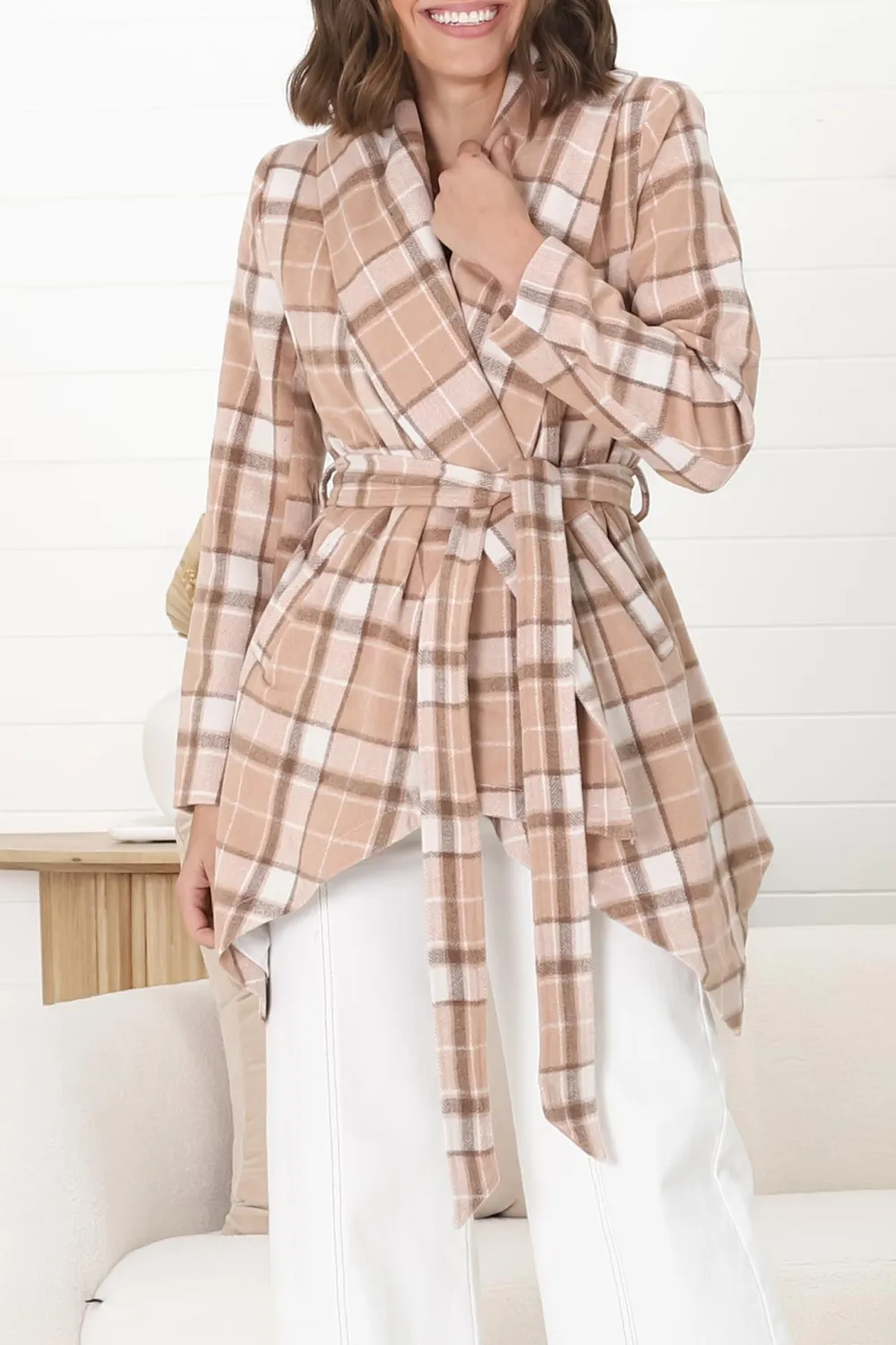 Beige Plaid Belted Wrap Jacket