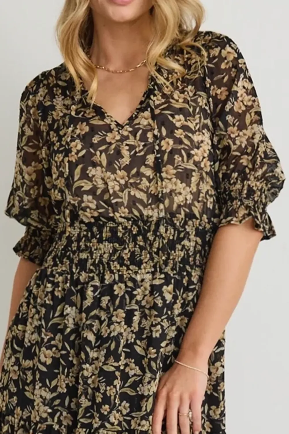 Floral Print Shirred Elastic Midi Dress