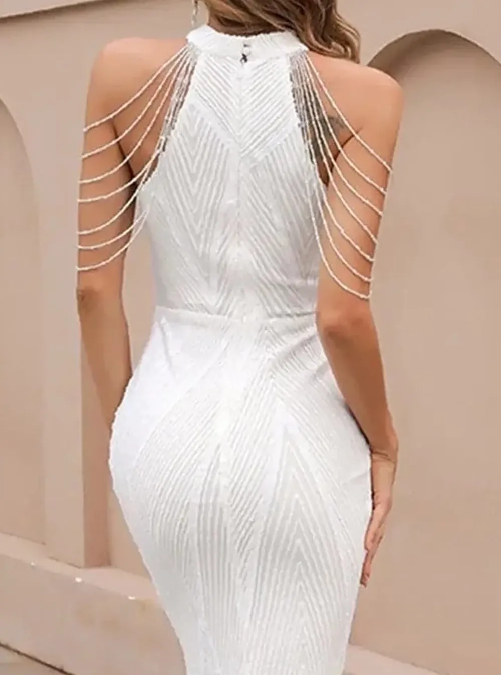 Cold Shoulder Beads Chain Cocktail Dress