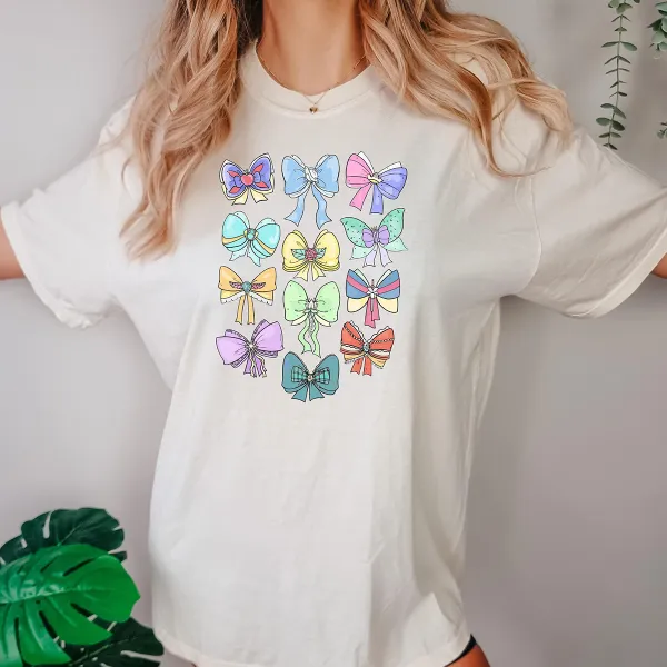 T-Shirt Colorful Bow Women Printed Round Neck Short Sleeve
