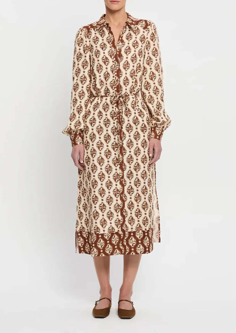 Patterned Long Sleeved Midi Dress