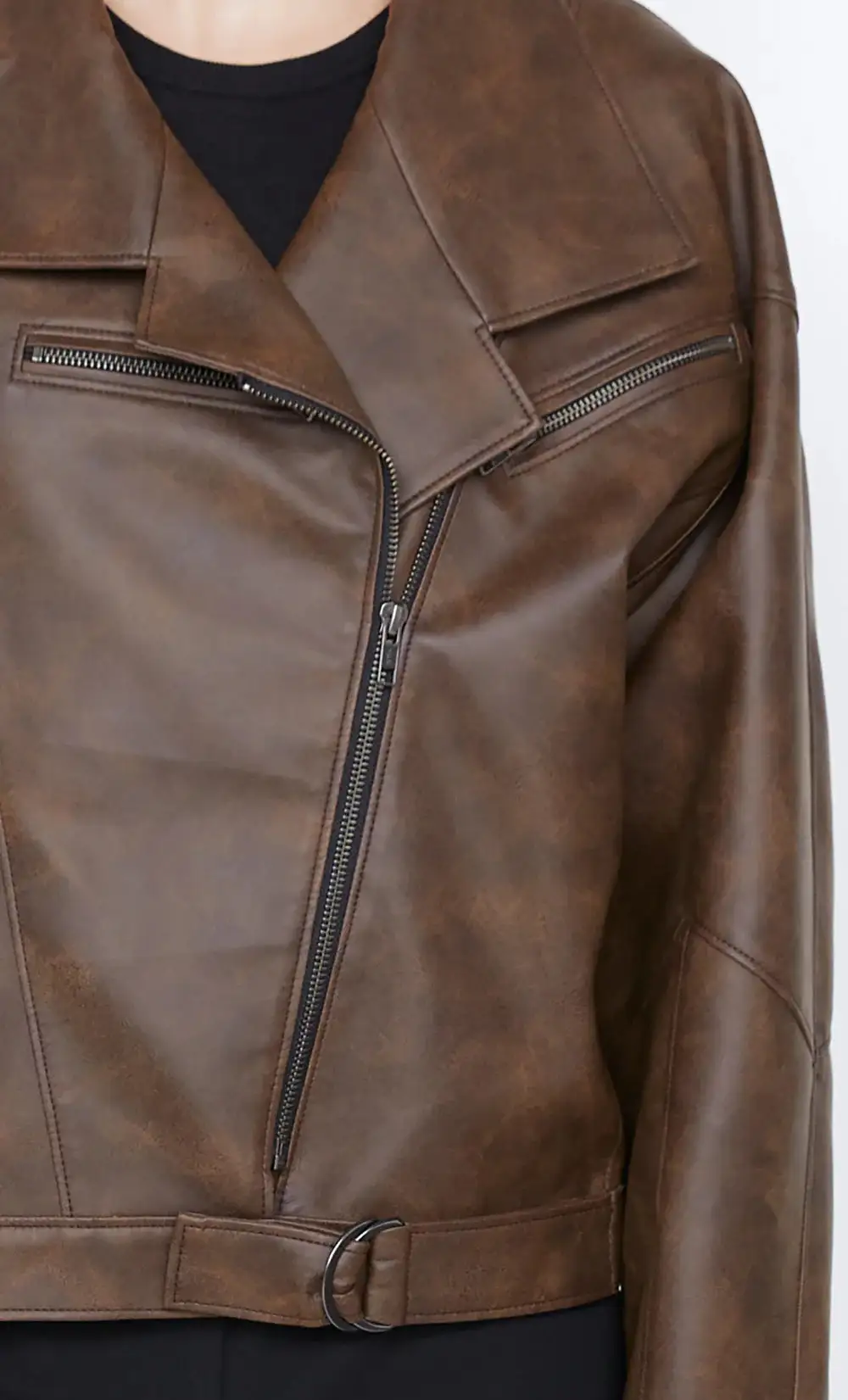 Brown Leather Lapel Biker Jacket