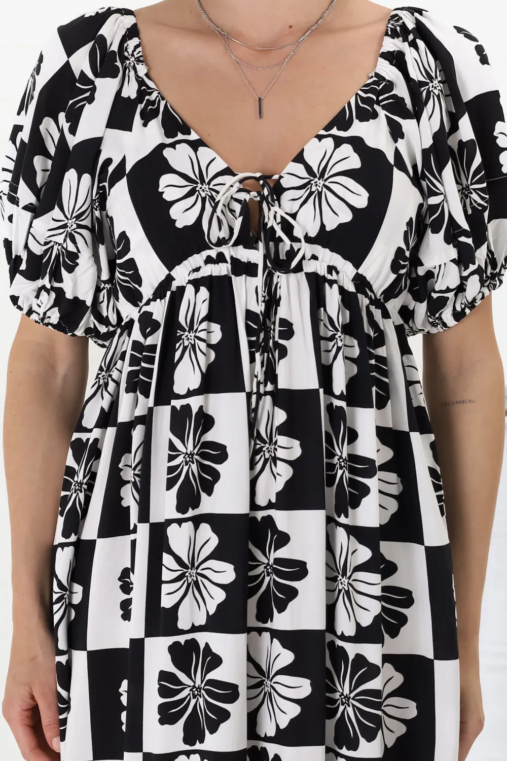 Black Checkered Puff Sleeve Midi Dress