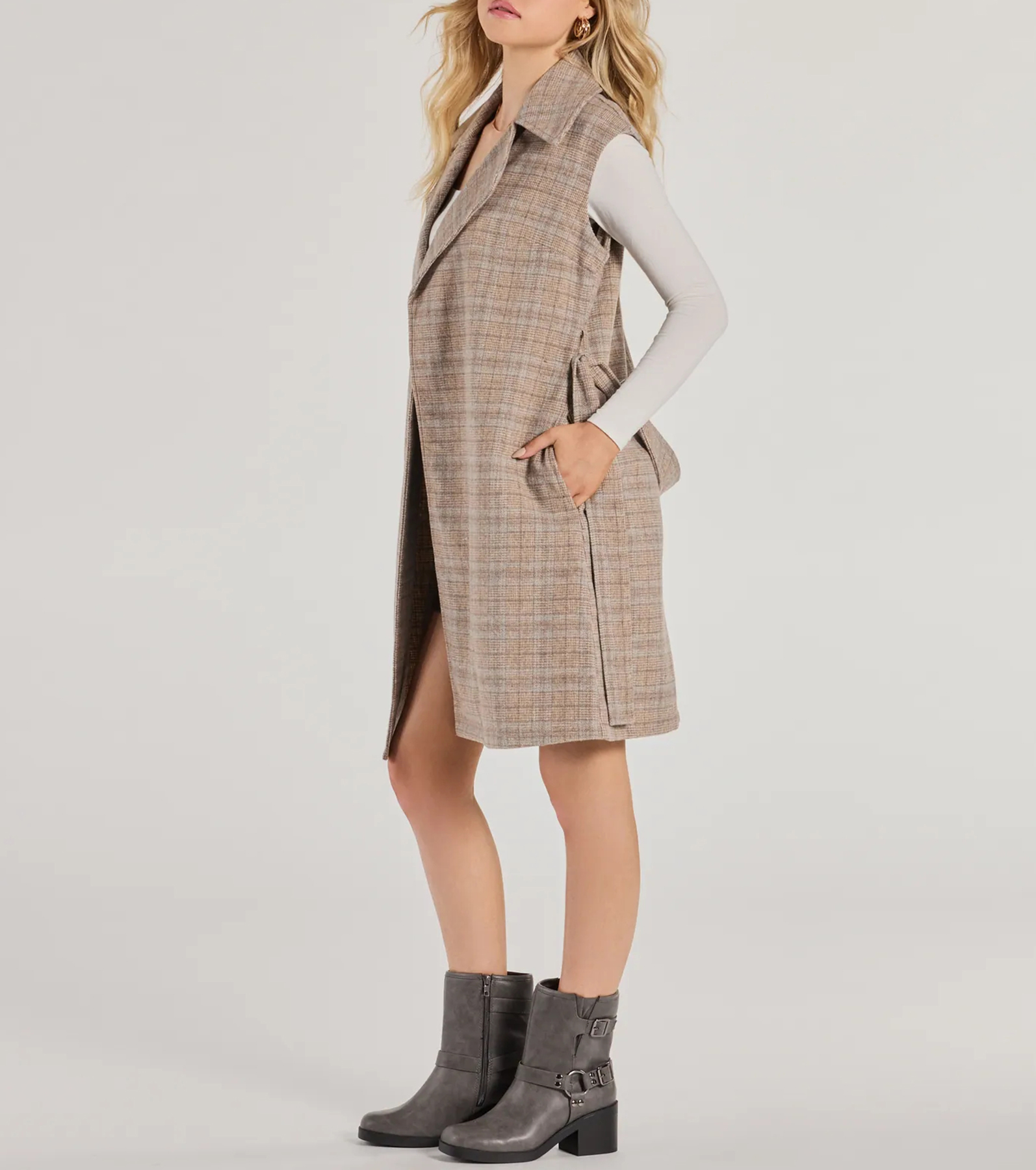 Plaid Pursuit Faux Wool Long Belted Vest
