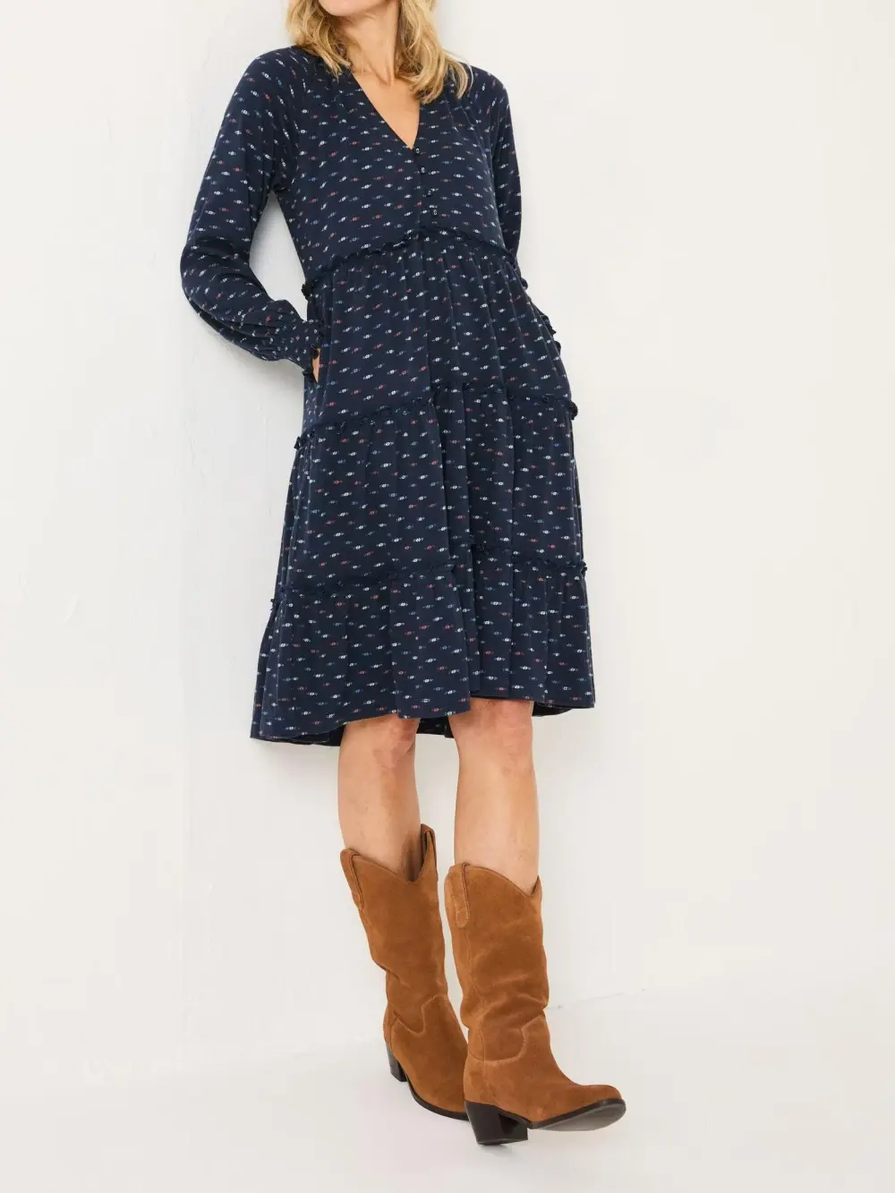 Pure Cotton Jersey Printed V-Neck Tiered Dress