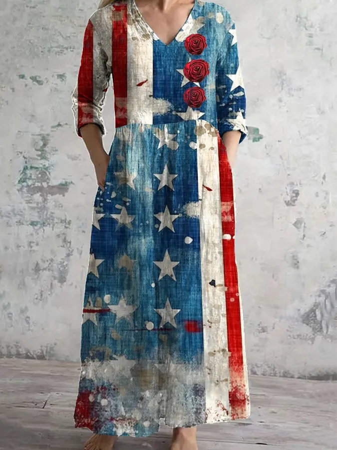 Women'S Independence Day Star Roses Print V-Neck Pocket Cotton And Linen Dress