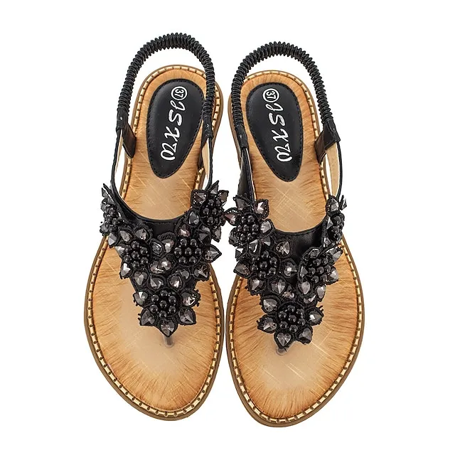 Women's Sandals Flat Sandals Party Beach Summer Rhinestone Flat Heel Round Toe Open Toe Elegant Casual PU Leather Elastic Band Solid Colored Almond Black White