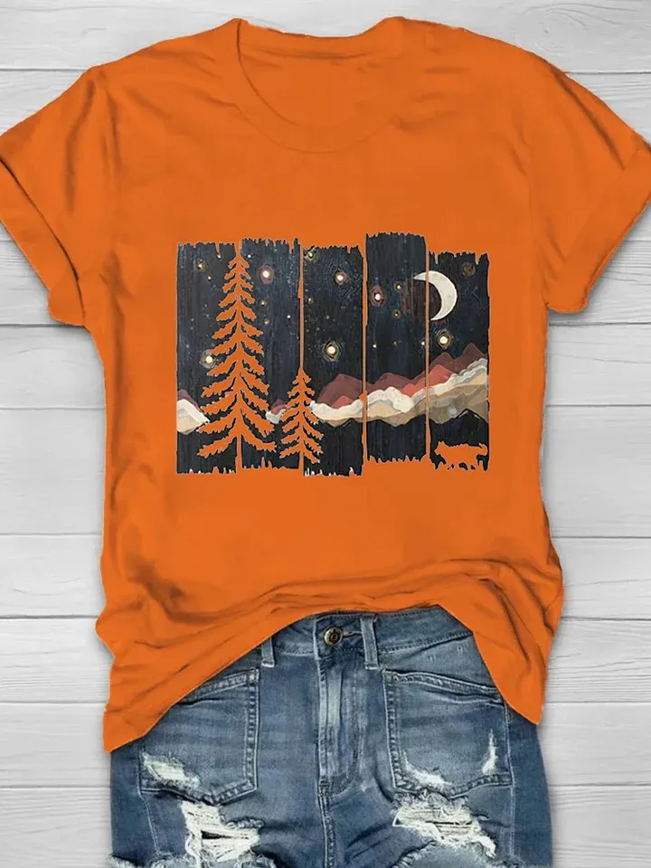 Women's Casual Natural Forest Print Short Sleeve Crew Neck T-Shirt