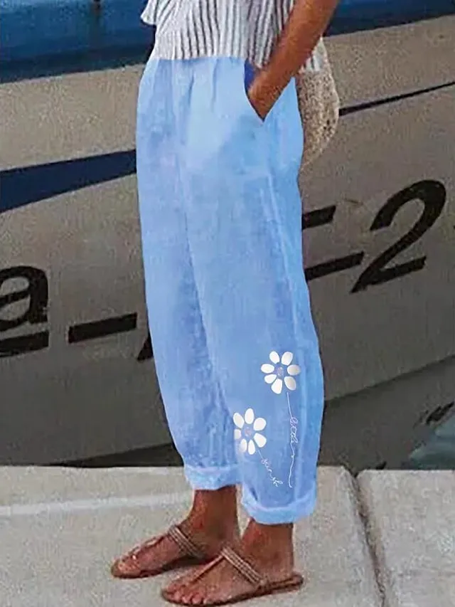 Women's Linen Pants Chinos Pants Trousers Full Length Faux Linen Side Pockets Baggy Micro-elastic Mid Waist Fashion Designer Casual Weekend White / Black White S M Summer Spring &  Fall