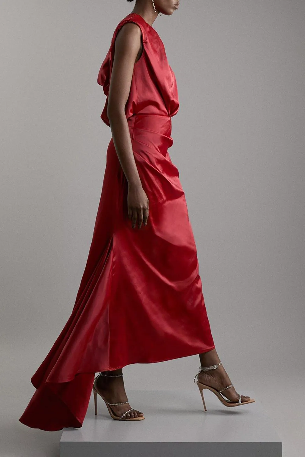High Neck Sleeveless Satin Drape Woven Midaxi Dress