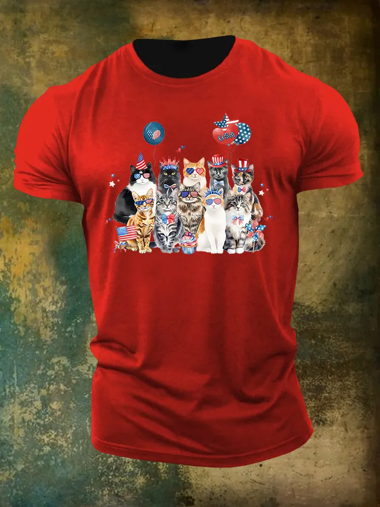 Men'S Independence Day Cat Flag Round-Neck T-Shirt