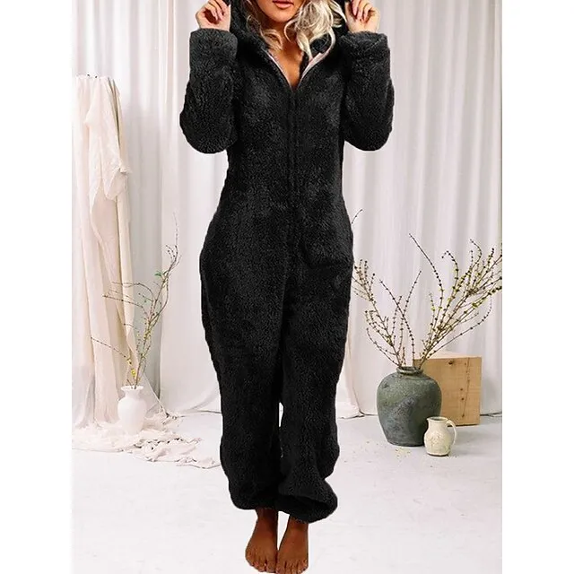 Women's Adult Onesies Onesie Pajamas Pure Color Plush Casual Comfort Home Daily Bed Polar Fleece Warm Hoodie Long Sleeve Fall Winter Light Pink claret