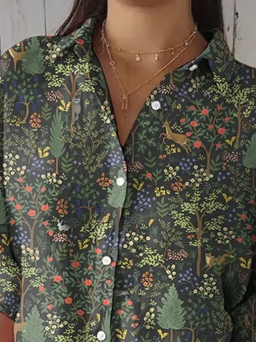 Women's casual retro forest print cotton and linen shirt