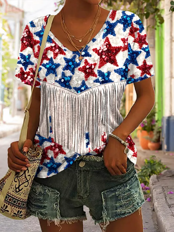 Woman'S Sequin Stars And Tassel Prints Short-Sleeve V-Neck T-Shirt