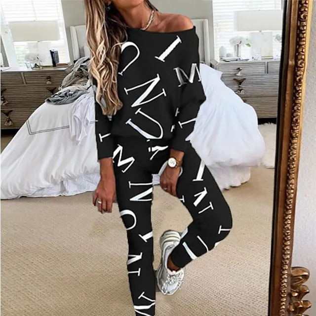 Women's Letter Print Lounge Sets Sweatsuit 2 Pcs  Crew Neck Long Sleeve Tops & Slim Pants Outfits Sport Comfort Home Street Vacation Polyester Off Shoulder Fall Winter S 2XL Black White