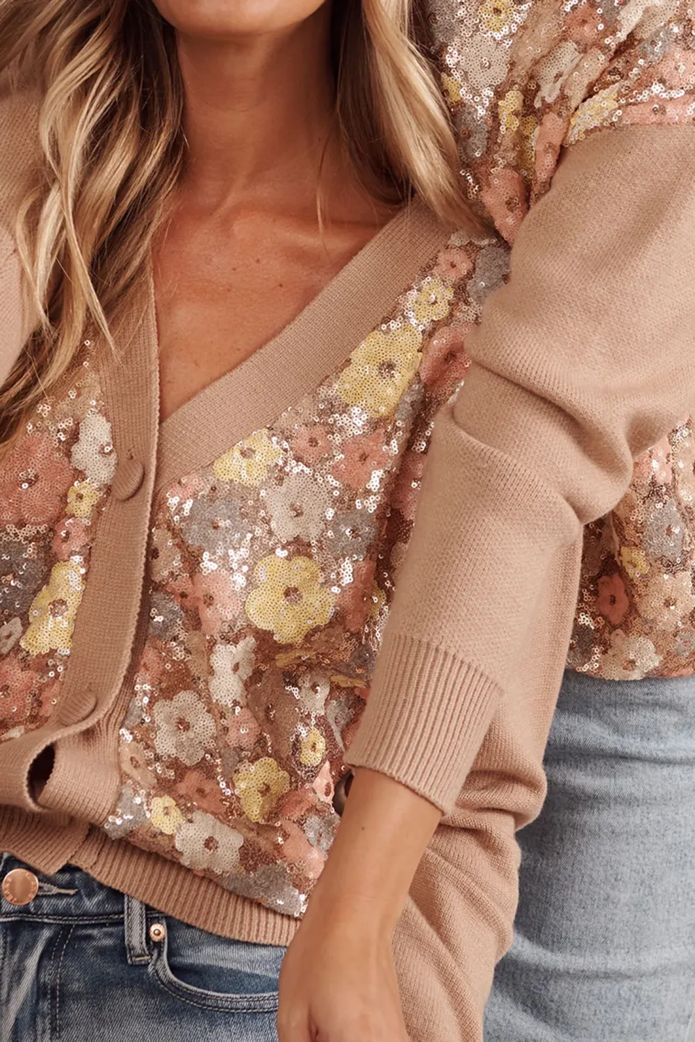 Brown Floral Sequined Cardigan