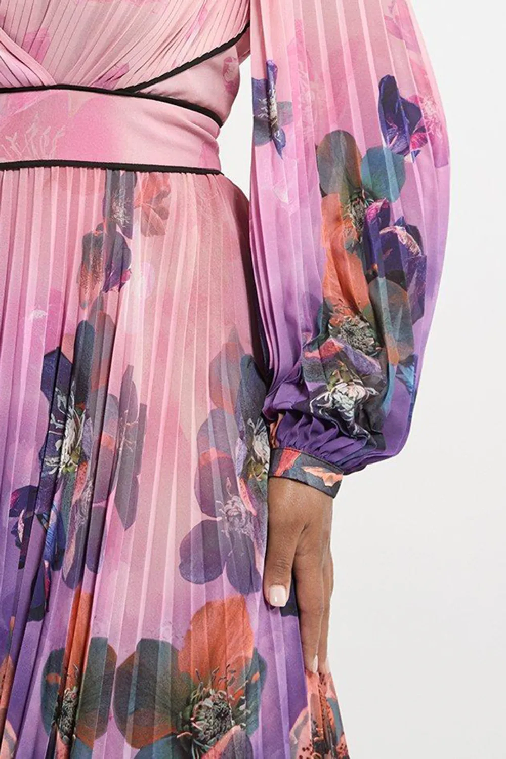 Plus Size Floral Soft Pleated Long Sleeve Maxi Dress