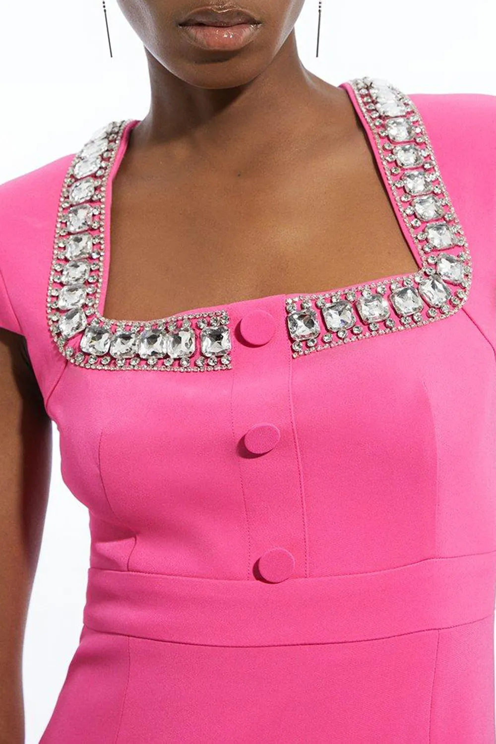 Tailored Compact Viscose Stretch Embellished Cap Sleeve Mini Dress