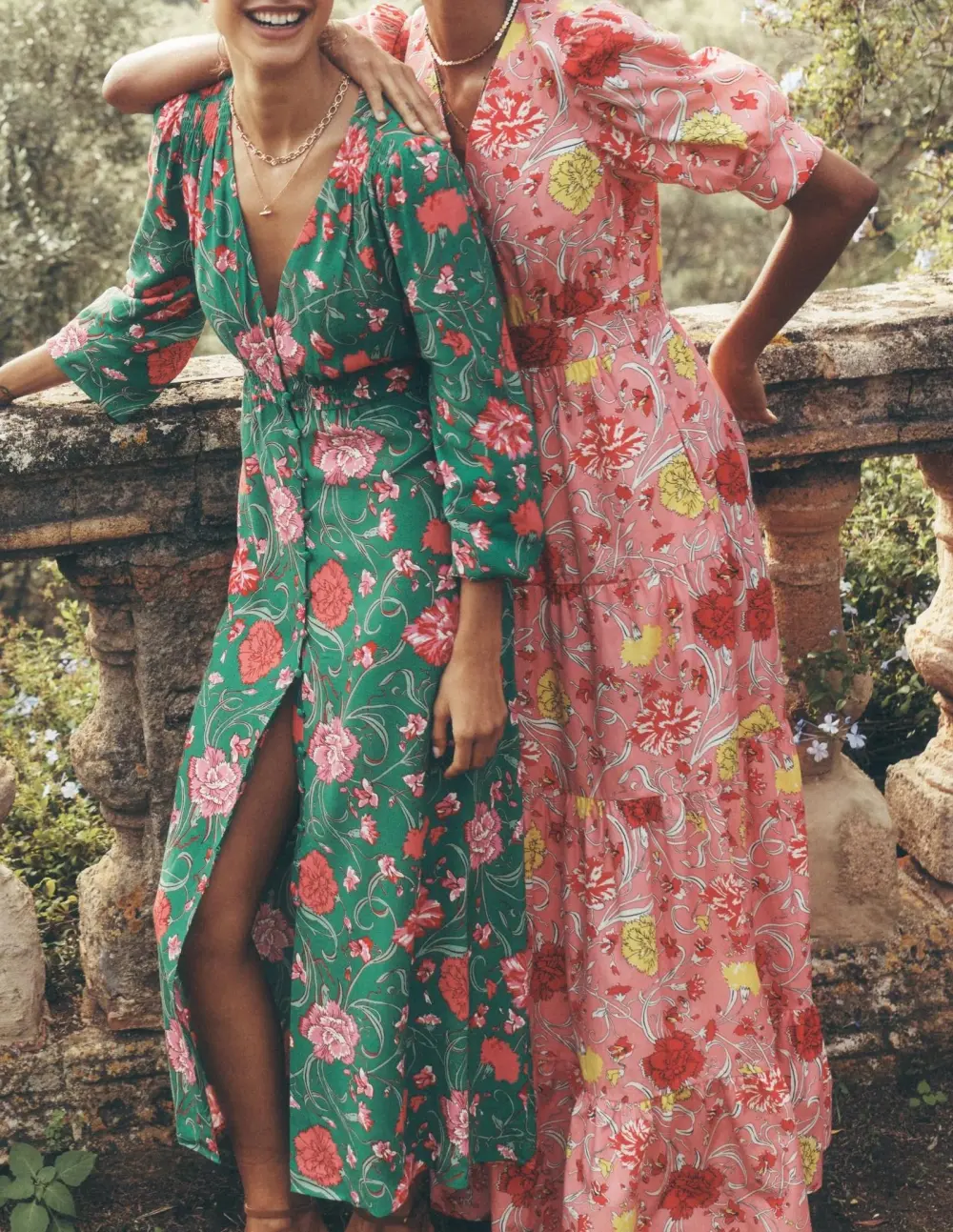 Pink and Yellow Floral Puff - Sleeve Maxi Dress