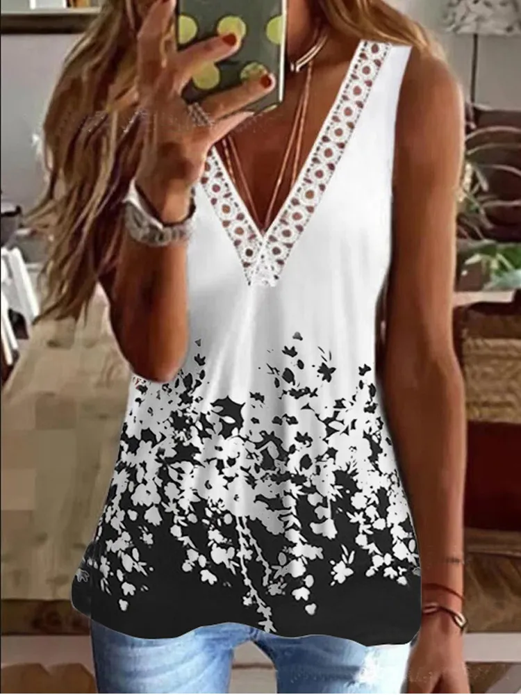 Blue Flower Sleeveless V-Neck Summer Cami Tops