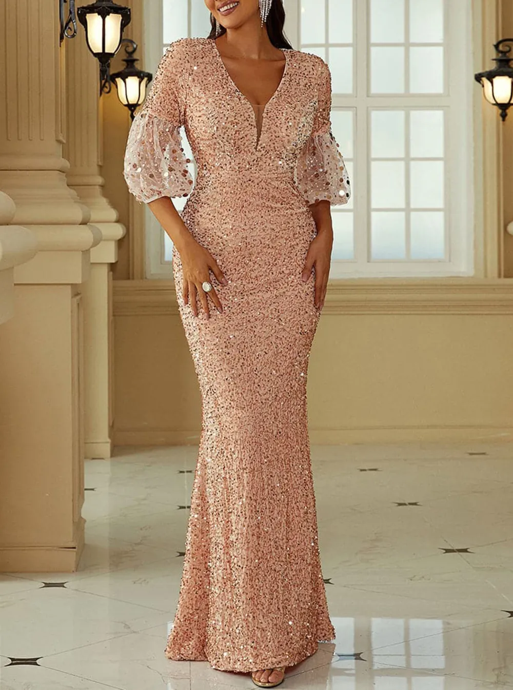 Lantern Sleeve Sequin Prom Dress