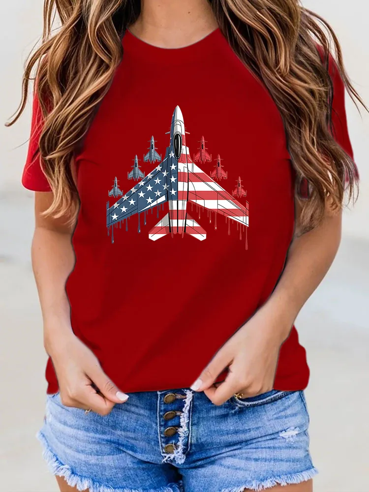 Woman'S Stars And Stripes Airplane Print Round-Neck Short-Sleeved T-Shirt