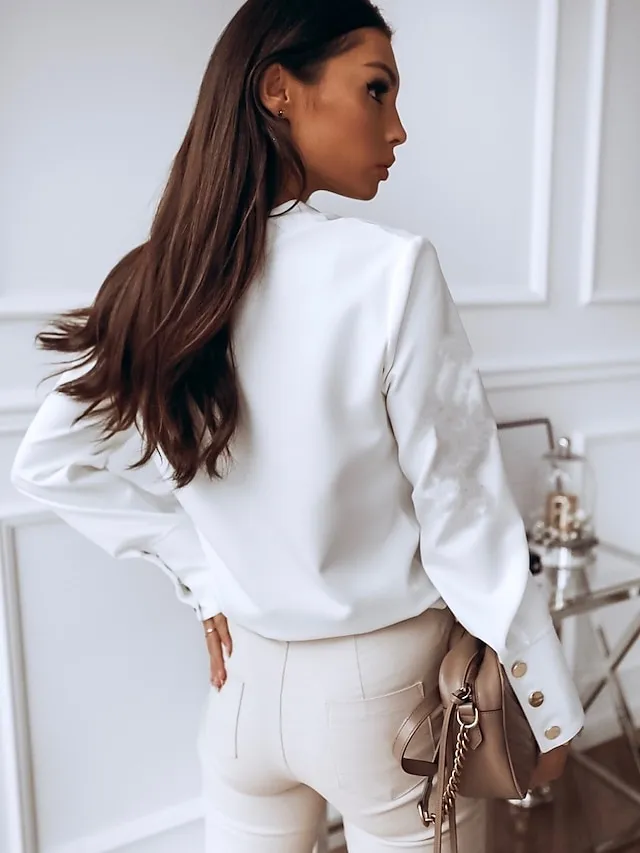 Women's Shirt Blouse Black White Button Long Sleeve Work Business Standing Collar S