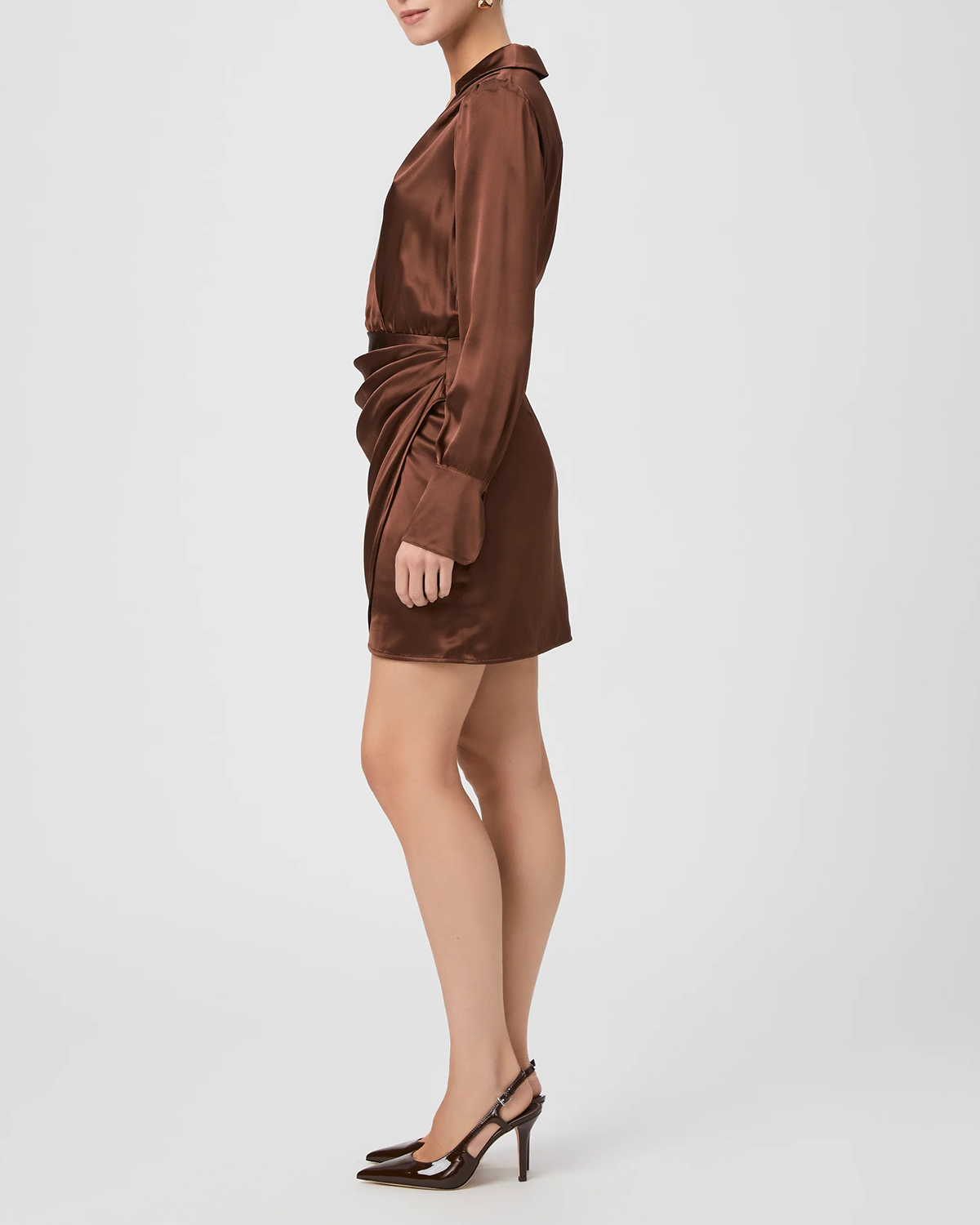 Brown Satin Finish Wrap Mini Dress