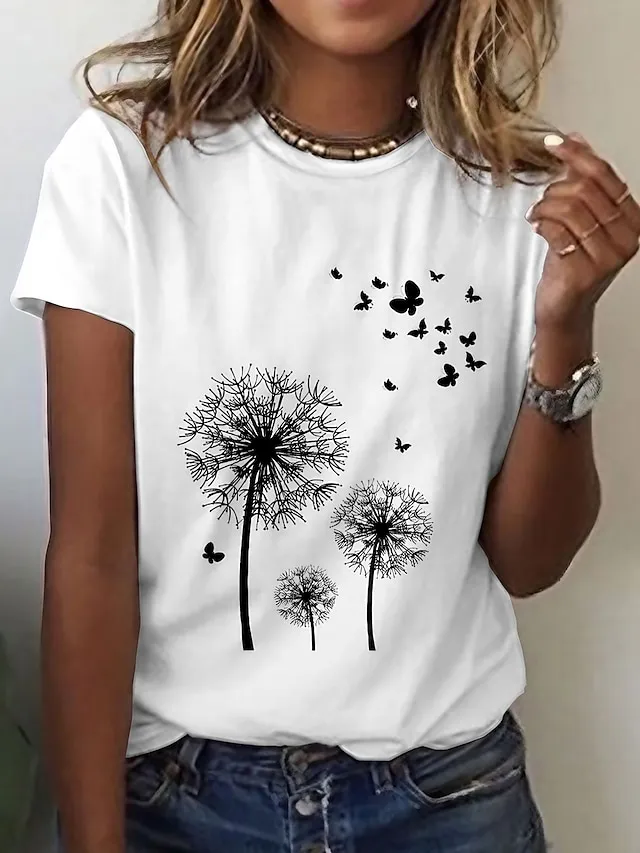 Women's T shirt Tee Black White Butterfly Dandelion Print Short Sleeve Daily Weekend Basic Round Neck Regular S
