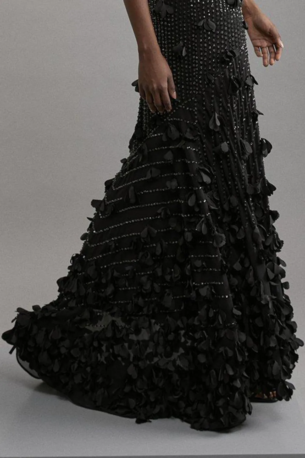 Floral Applique Crystal Embellished Woven Maxi Rosette Maxi Dress