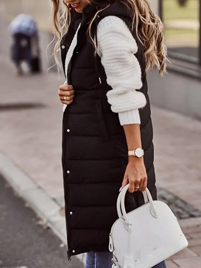 Women's Winter Jacket Long Puffer Vest Fall Maillard Outdoor Street Daily Winter Fall Long Coat Regular Fit Windproof Warm Casual Jacket Sleeveless Solid Color Khaki Red White