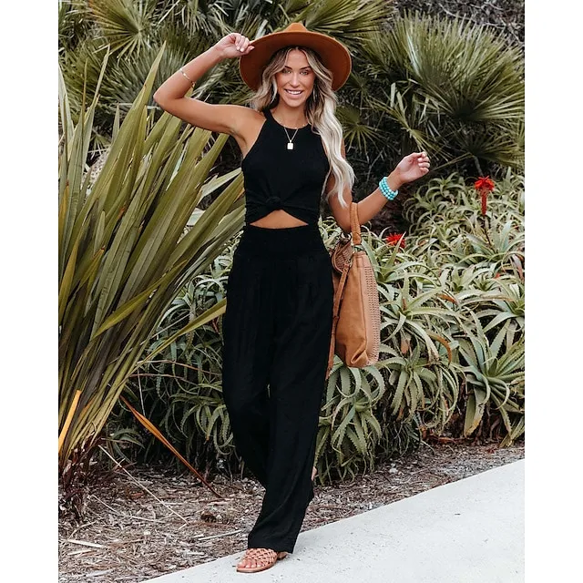 Women's Wide Leg Linen Pants Trousers Full Length Cotton Baggy Micro-elastic High Waist Fashion Casual Daily Vacation Apple Green Black S M Autumn / Fall