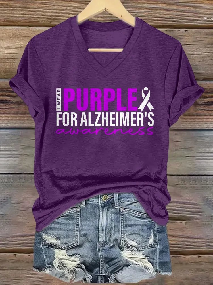 Women'S I Wear Purple For Alzheimer'S V-Neck Short-Sleeved T-Shirt