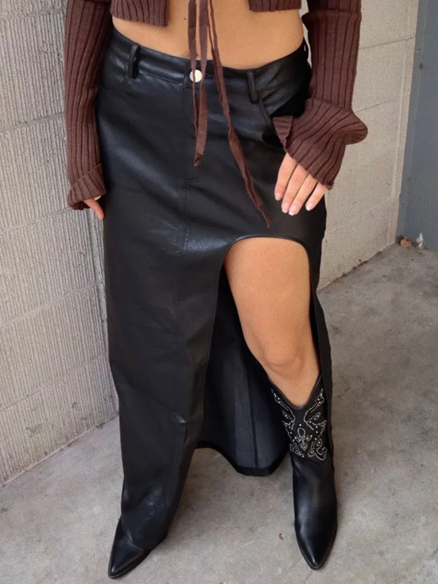 Faux Leather High Slit Midi Skirt