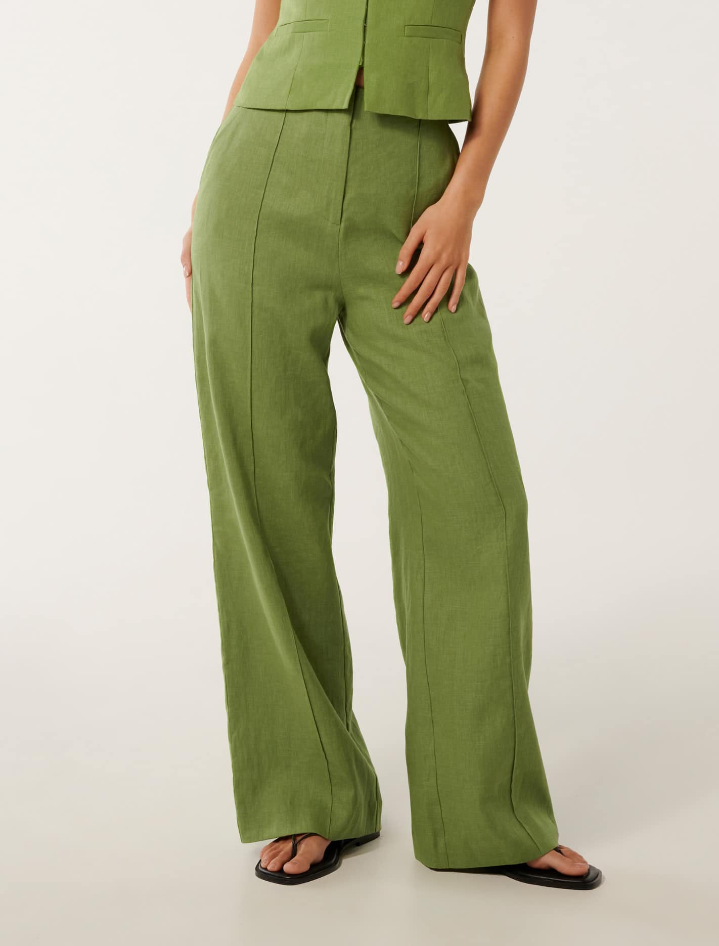 Green Linen Wide-Leg Pants