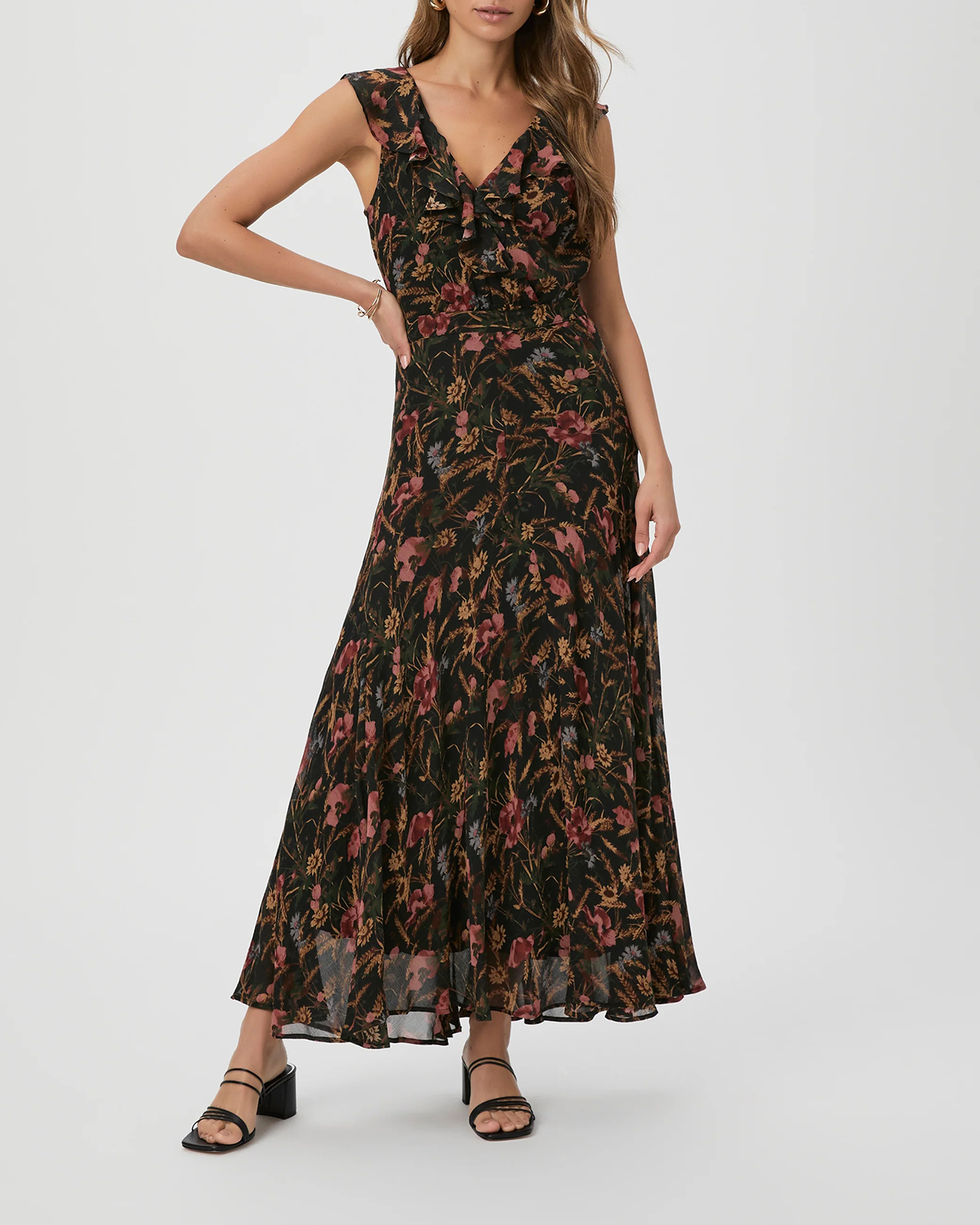 Black Multi Silk Floral Print Sleeveless Midi Dress