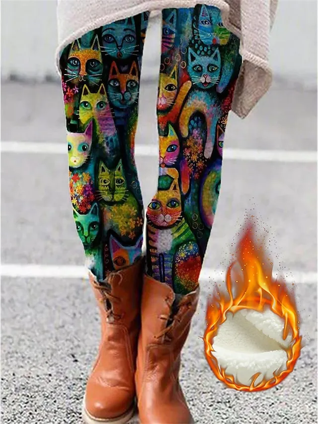 Women's Fleece Lined Leggings Warm Full Length Winter Leggings Print High Elasticity Mid Waist Fashion Tights Halloween Daily Colors Blue S M Winter