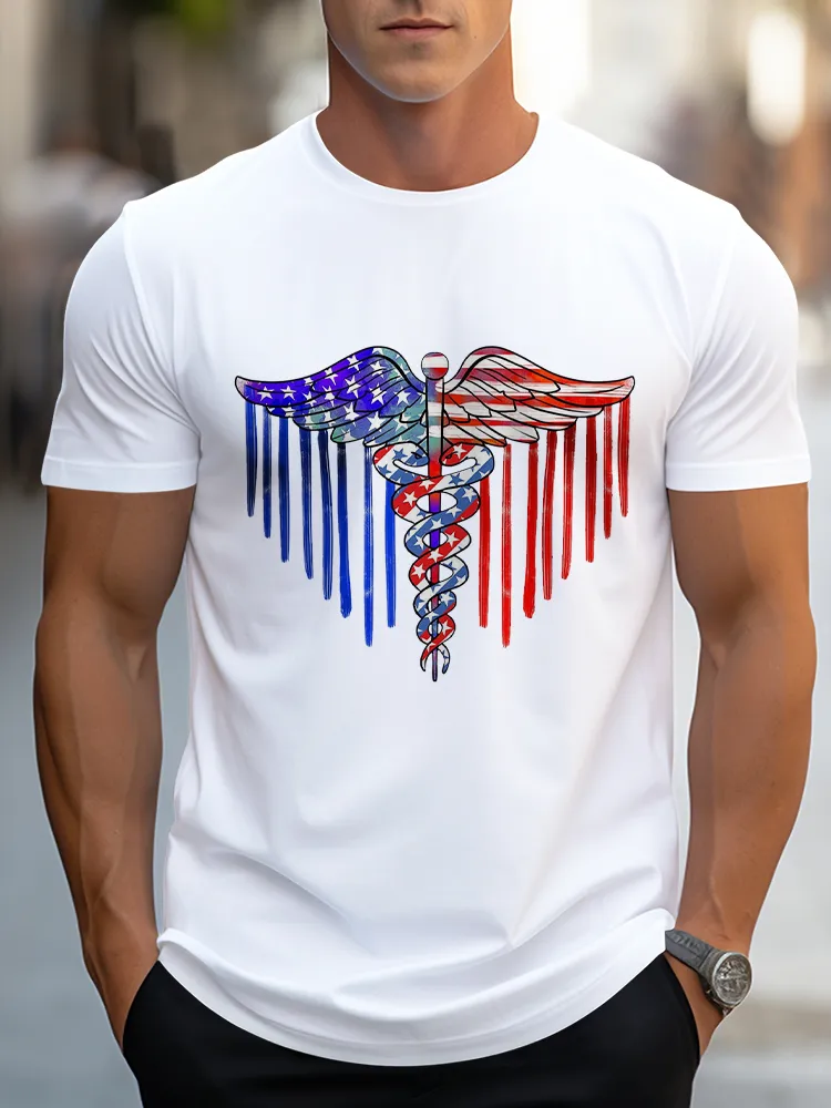 Man'S Star-Striped Wings Round-Neck Short-Sleeved T-Shirt