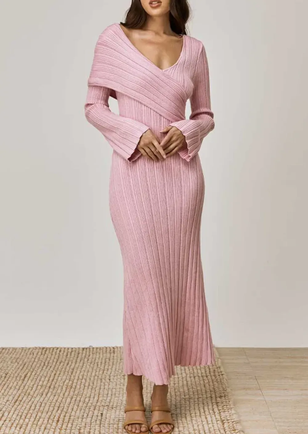 V Neck Long Sleeved Ribbed Midi Dress