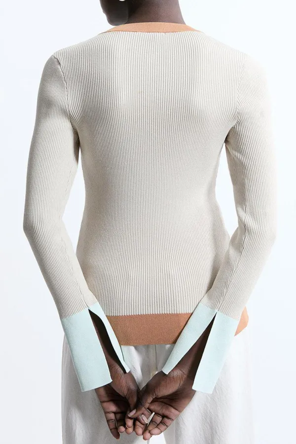 Casual Style Knit Half Zip Cuff Detail Top
