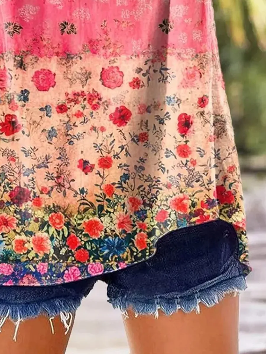 Women's Retro Casual Floral Cotton and Linen Top