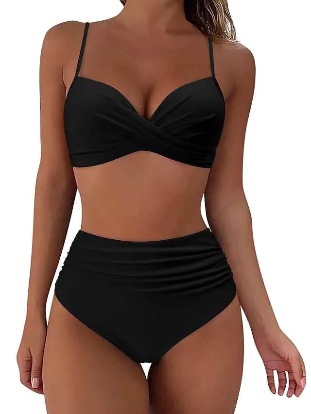 Women's Swimwear Bikini Normal Swimsuit 2 Piece High Waisted Plain Black Pink Purple Green Rose Red Bathing Suits Sports Beach Wear Push Up