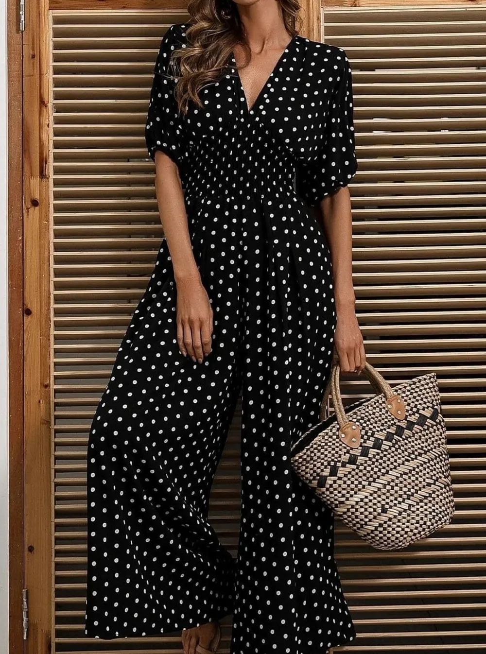 Polka Dot Shirred Waist Jumpsuits