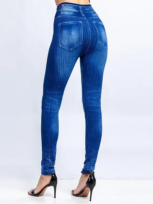 Women's Jeans Skinny Bell Bottom Ankle-Length Faux Denim Print High Elasticity High Waist Tights Casual / Sporty Casual Weekend Black Red S M